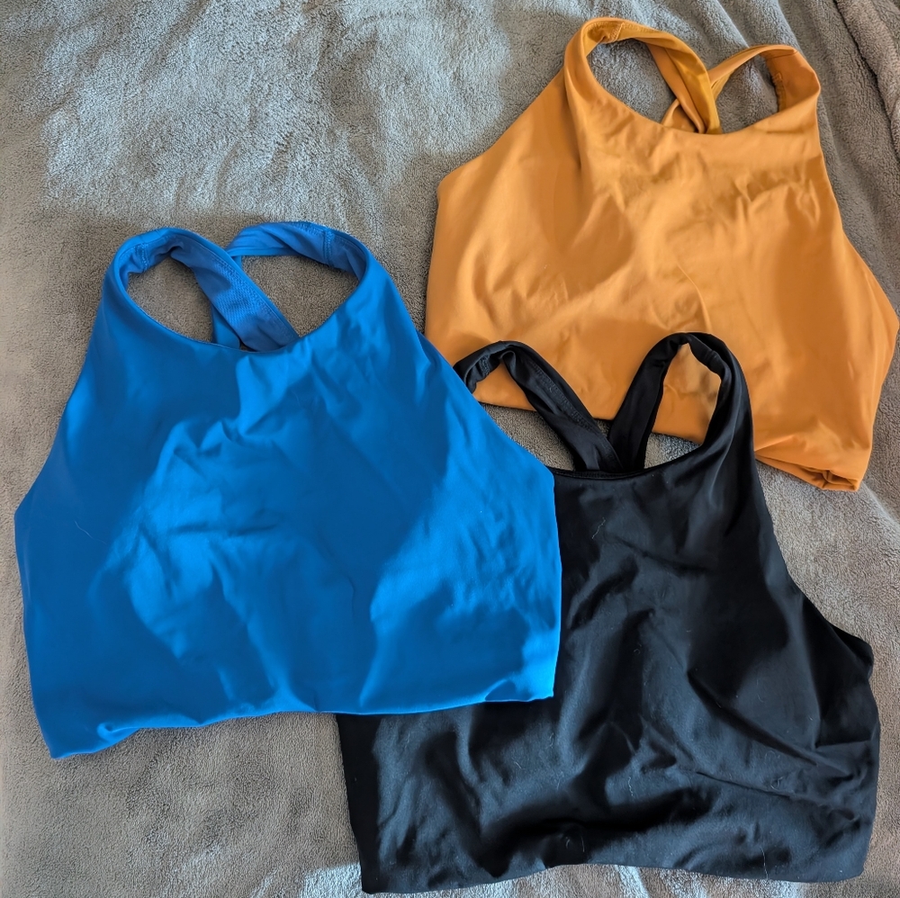 3 Arc'teryx Soria Crossback Bra Tank Top Bundle Revel Gold Black Vitality Blue